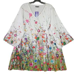Hekka Women's Size 3XL Floral Long Blouse V Neck White Tunic Top Casual Pullover